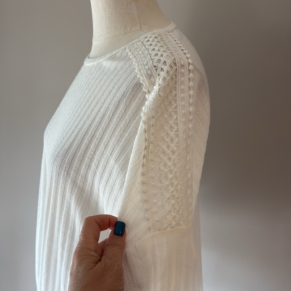 Parallel skies Elegant White ivory knit Top drop sleeve lace detail draw string